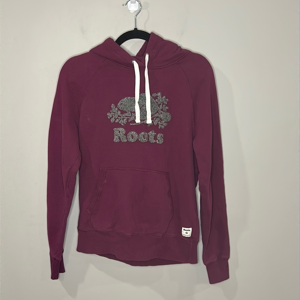 Roots Maroon Hoodie Women's Size S Heathered Grey Logo Maple Leaf on Hood